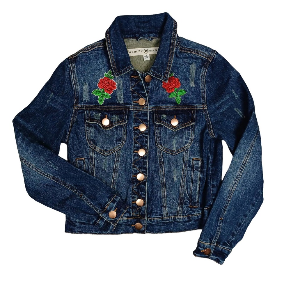 Ashley Mason Jean Jacket Women M Denim Trucker Floral Patches Stretch Faded Blue